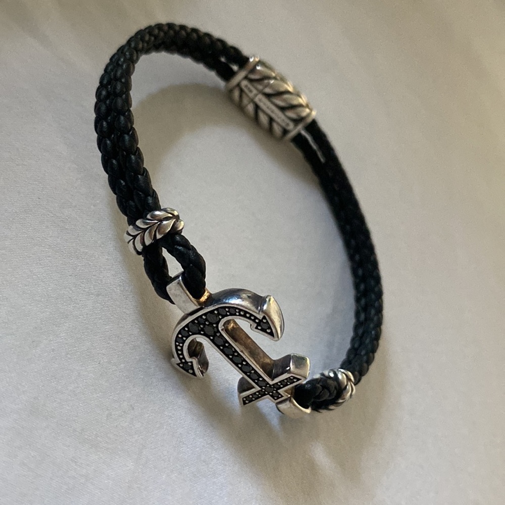David Yurman Mens black diamond anchor station black leather bracelet
